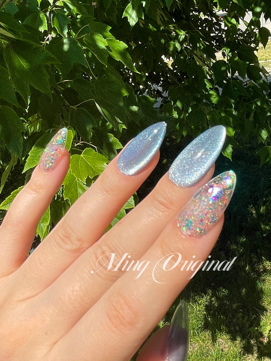 Blue cat eye with glittery shimmering press on nails, glue on nails, reuse nails, jelly fake nail, bling bling gel nail