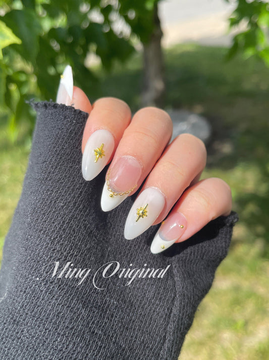 White french star moon press on nail, milk bath color, gold charm and chain Fake nails