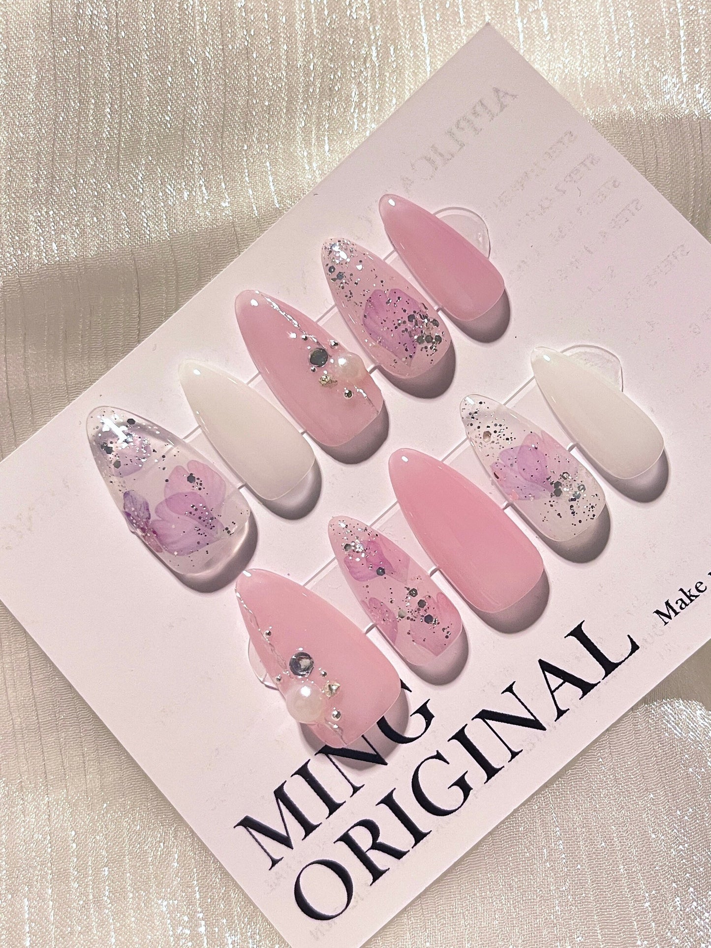 Pink flower n silver glitter Press on Nails, Chrome with pearl and diamond Fake Nails, Handmade jelly Nails, gel nail, jewel nail