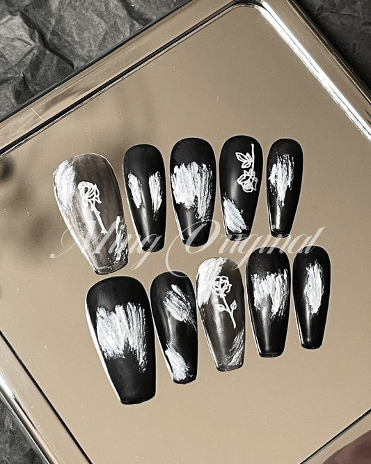 Reusable Black n white sculptured rose painted press on nail, Premium Hand paint Nails, Handmade matte nail, 3D Nail