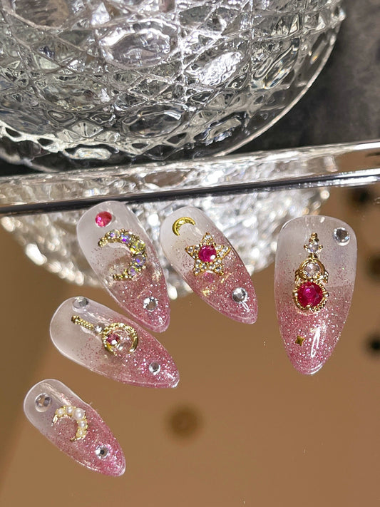 Diamond reflective Sailor moon pink ombre glitter press on nail, pink gemstone with gold charm Fake nails, star and moon, rhinestone decal