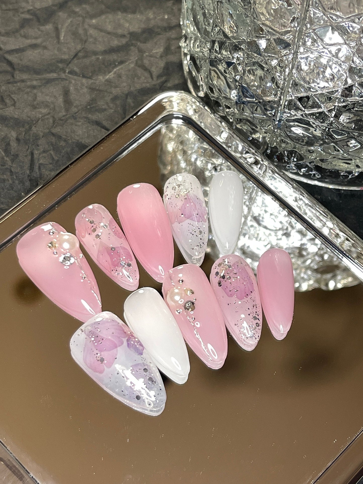 Pink flower n silver glitter Press on Nails, Chrome with pearl and diamond Fake Nails, Handmade jelly Nails, gel nail, jewel nail