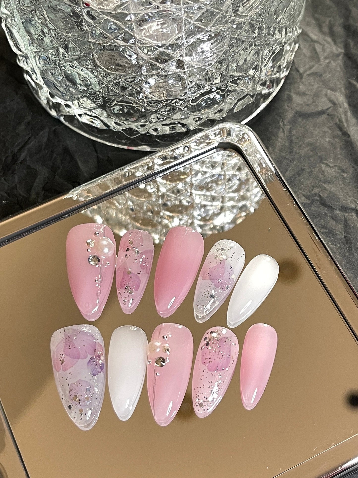 Pink flower n silver glitter Press on Nails, Chrome with pearl and diamond Fake Nails, Handmade jelly Nails, gel nail, jewel nail