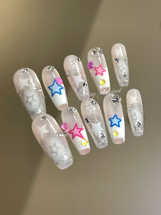 Reusable Shiny star y2k Nail press on, Fake nails, glitter shine, French tip, Luxury Handmade Nails