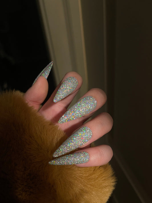 Silver holographic Sugar Glitter acrylics and Press on Nails, Rainbow glitter nail, Sparkly nails for party