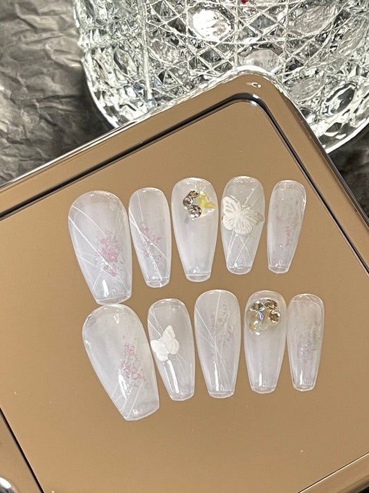 White aurora press on art nail, aurora gem n rhinestones, butterfly, jelly nail
