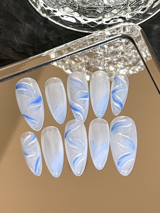 Blue Ribbon press on nail, Fake Nails, Handmade Gel Nails, Jelly Nails