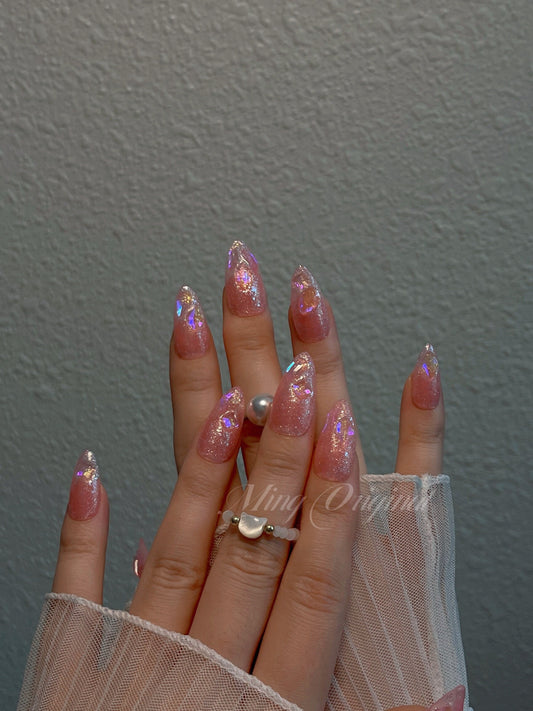 Pink glittery Aurora gem crystal Nail press on, Fake nails, aura ombre nail, Handmade Gel Nails, jelly Nails, wedding nail