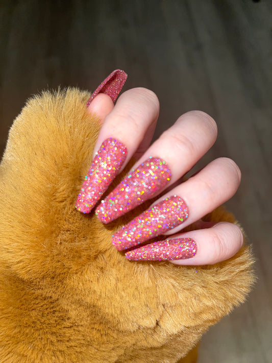 Red holographic Sugar Glitter acrylics and Press on Nails, Rainbow glitter nail, Sparkly nails for party