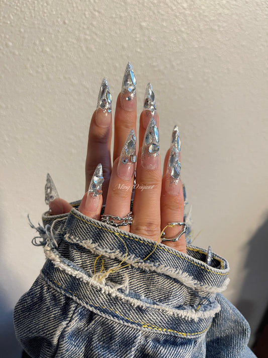 Silver crystal glittery Nail press on, Fake nails, ombre nail, Handmade Gel Nails, jelly Nails