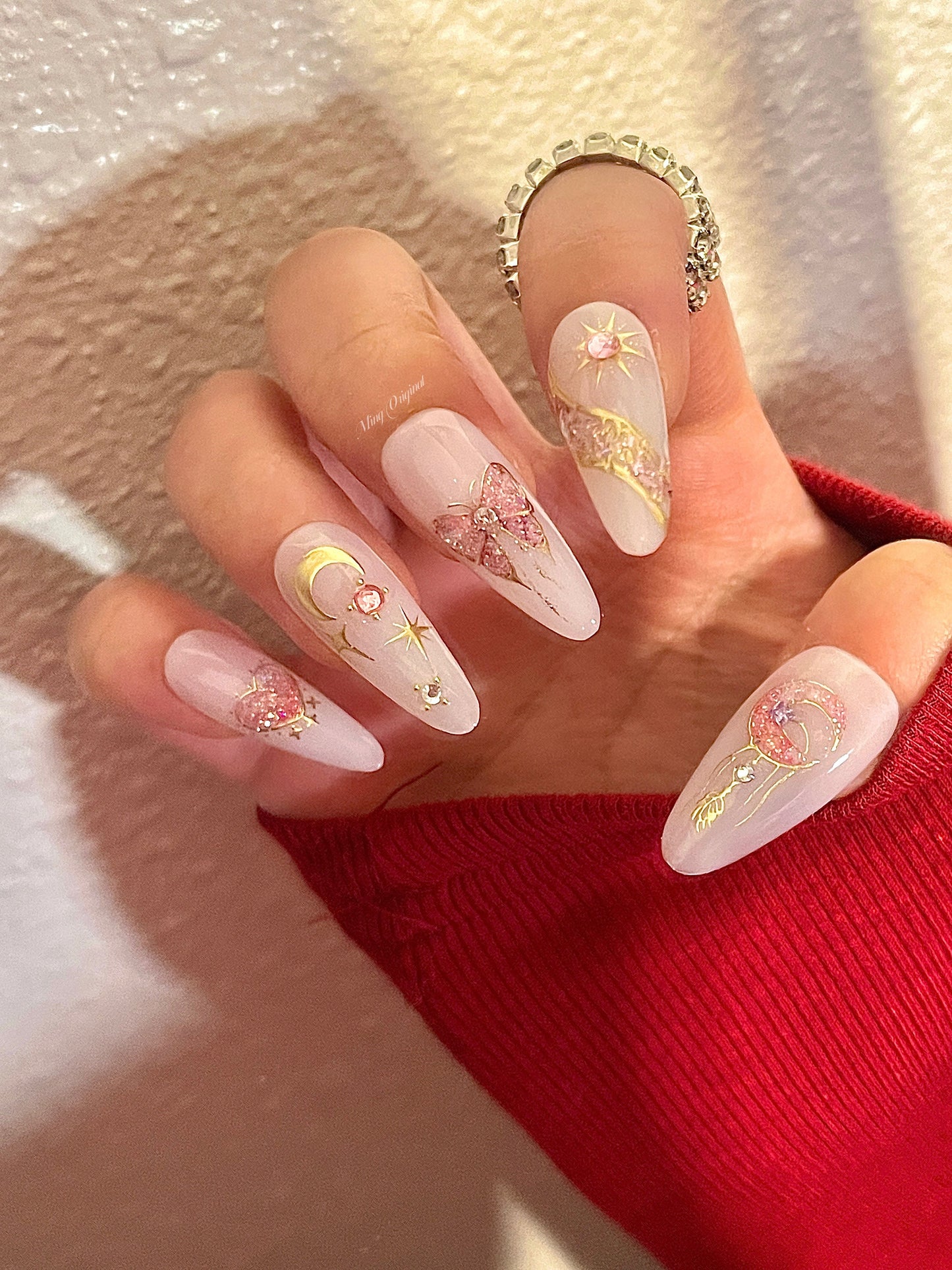 Milky White Moon n butterfly wings press on nail, pink heart with gold chrome Fake nails, star and moon  art nail
