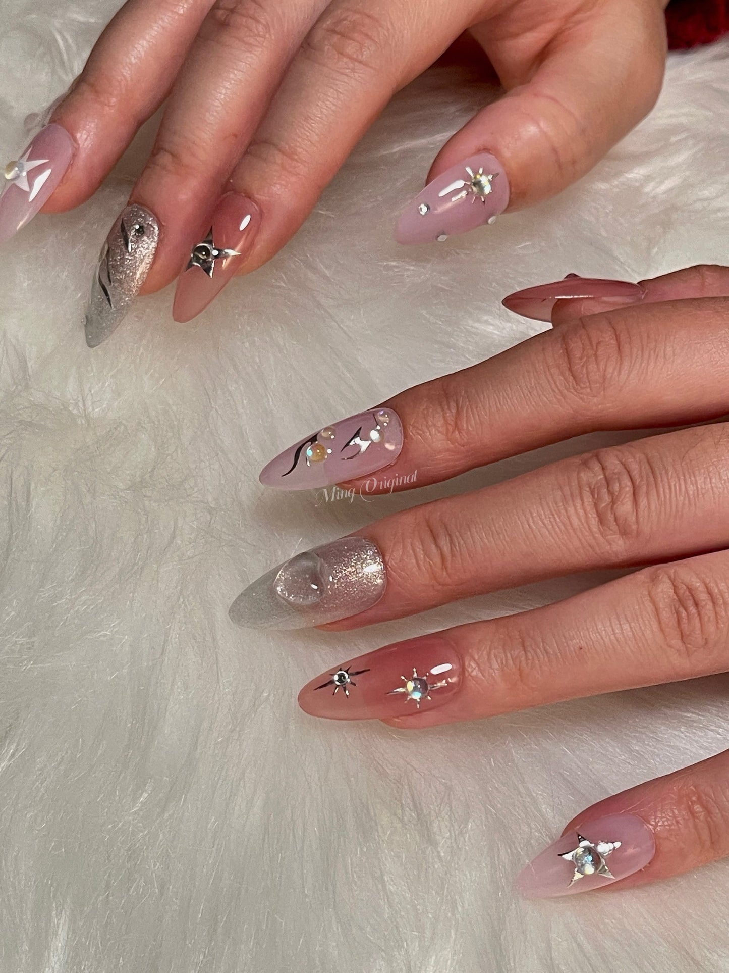 3D Heart y2k Nail press on, Silver Chrome Star Fake nails, glitter shine, , Luxury Handmade Nails