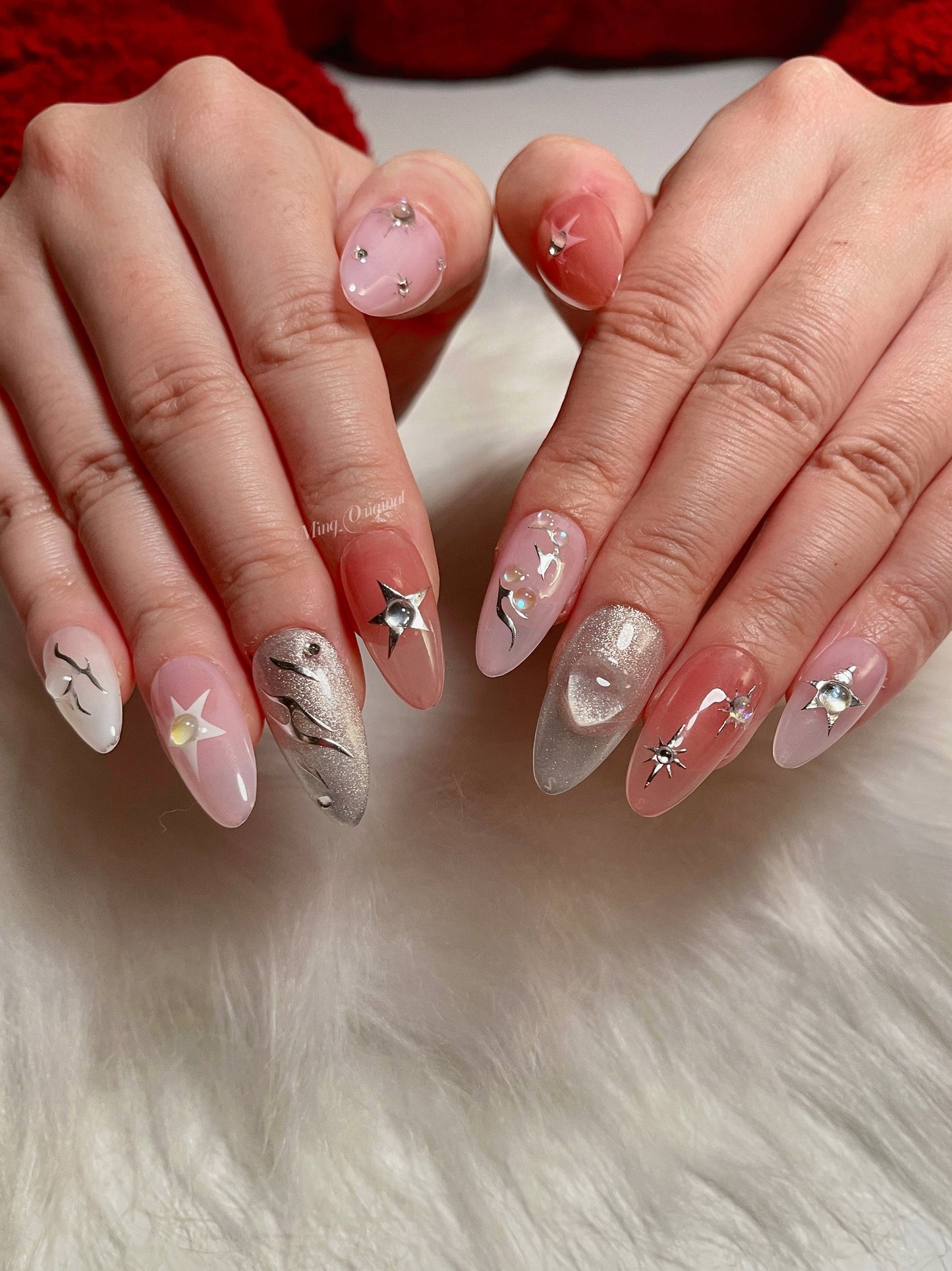 3D Heart y2k Nail press on, Silver Chrome Star Fake nails, glitter shine, , Luxury Handmade Nails