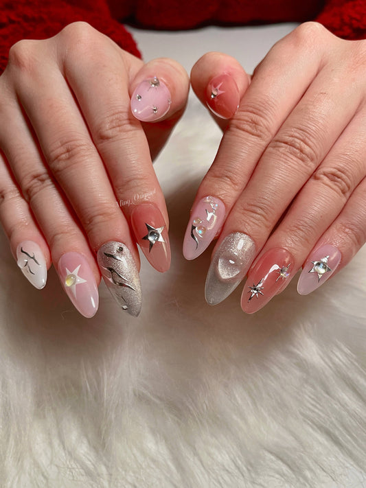 3D Heart y2k Nail press on, Silver Chrome Star Fake nails, glitter shine, , Luxury Handmade Nails