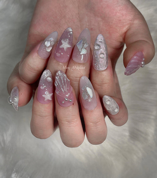 3D Star Mermaid Cat Eye press on nails, Seashell with pearl reusable nail, jelly fake nail, sparkle crystal jewel nail