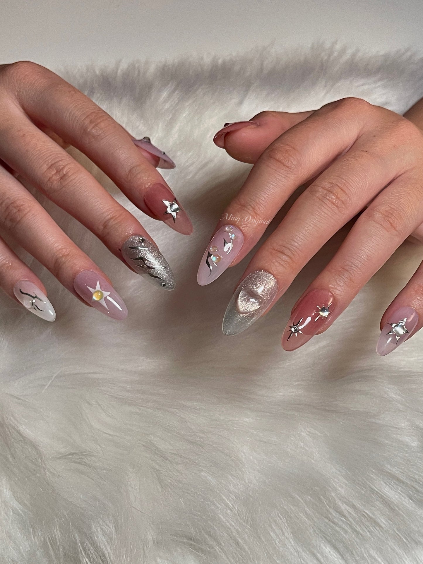 3D Heart y2k Nail press on, Silver Chrome Star Fake nails, glitter shine, , Luxury Handmade Nails