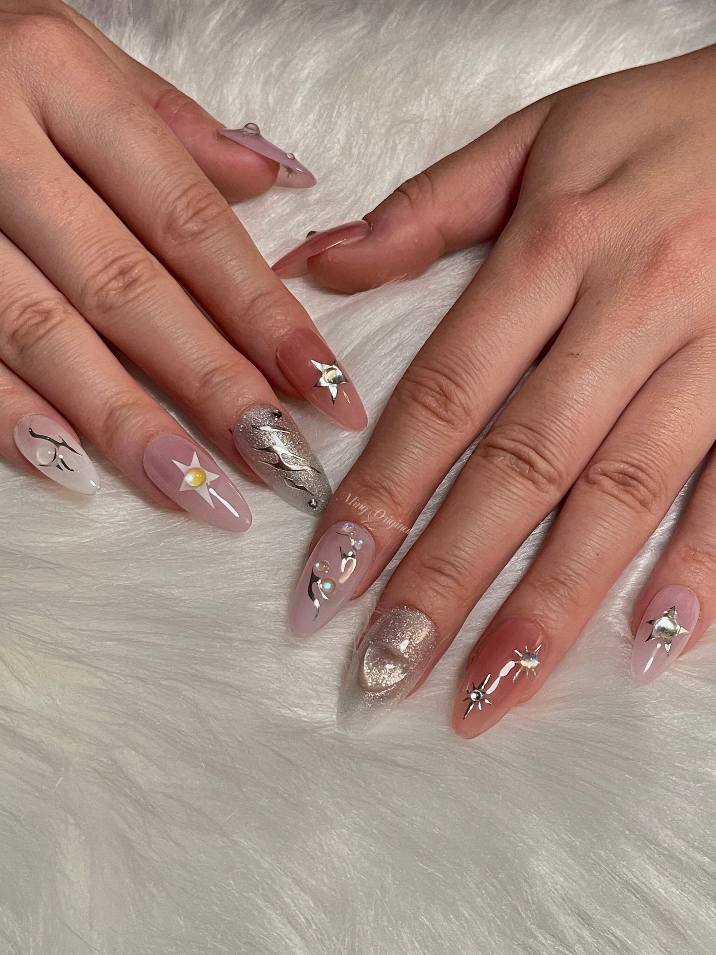 3D Heart y2k Nail press on, Silver Chrome Star Fake nails, glitter shine, , Luxury Handmade Nails